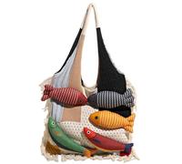 Générique 3D Fish Knitted Fringe Tote Bag,Large Capacity Shoulder Bag with Fish Decoration,Soft Knitted Yarn Patchwork Handbag