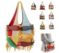 Générique 3D Fish Knitted Tote Bag,Bohemian Fringe Yarn Patchwork Shoulder Bag with Fish Decoration,Women's Cute Cartoon Fishes Handbag (Yellow)
