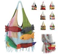 Générique 3D Fish Knitted Tote Bag,Bohemian Fringe Yarn Patchwork Shoulder Bag with Fish Decoration,Women's Cute Cartoon Fishes Handbag (Blue)