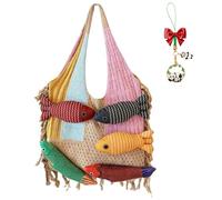 Générique 3D Fish Knitted Tote Bag, Large Capacity Shoulder Bag with Fish Decoration for Daily Use Work Travel (Khaki with pink)