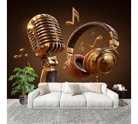 Générique 3D Panoramique papier peint Photo ThèMe Musical Du Microphone Papier Peint Intissé Amovible 300x210 cm Brun Décoration Fresque Murale Pour Salon Chambre Enfant Chambre