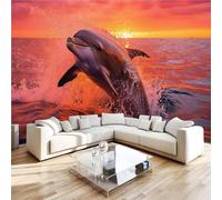 Générique 3D Papier Peint Dauphins Coucher De Soleil Panoramique intissé Murale Océan Papier Peint xxl Fresque Murale Moderne Peinture Murale Décorative pour Salon Chambre 200x140 11yf357