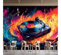Générique 3D Papier Peint Disques Vinyles Panoramique intissé Murale Flammes Musique Papier Peint xxl Fresque Murale Peinture Murale Décorative pour Salon Chambre 350x256 14yf234
