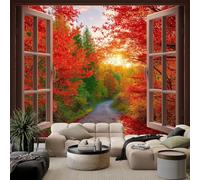 Générique 3D Papier Peint Fenêtre 3D Feuilles Érable Automne Paysage Papier peint panoramique Rouge Pour Salon Chambre Chambre D'Enfant Décoration Murale Poster 200 x 140 CM