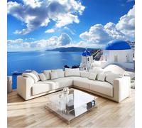 Générique 3D Papier Peint Île De Santorin Grèce Bleu Papier Peint Panoramique Mural 250x175 cm Affiche Géante Décoration Pour Salon Chambre Chambre D'Enfant Décoration Murale