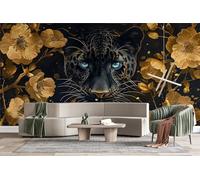 Générique 3D Papier Peint Panoramiqu Panthère Noire Feuille D'or Panoramique intissé Murale Style Sombre Papier Peint xxl Fresque Murale Peinture Décorative pour Salon Chambre 366x254 17yf172