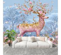Générique 3D Papier Peint Panoramique 200x140cm Fleurs Romantiques De Cerfs D'Animaux Tissus Non Tissés Murale Poster Bleu Murale pour Salon Adulte Chambre d'enfants Étude Décoration