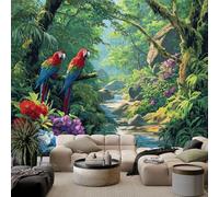 Générique 3D Papier Peint Panoramique 300 x 210 cm Forêt Tropicale Humide | Fleurs Perroquet Papier Peint Intissé, Murales Poster pour Salon, Chambre d'enfants Décoration, Murale Facile à Monter, Vert