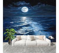 Générique 3D Papier Peint Panoramique 300x210cm Reflet Des Vagues Au Clair De Lune Tissus Non Tissés Murale Poster Bleu Murale pour Salon Adulte Chambre d'enfants Étude Décoration