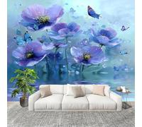 Générique 3D Papier Peint Panoramique 350x256cm Onirique Papillon Fleurs Tissus Non Tissés Murale Poster Bleu Murale pour Salon Adulte Chambre d'enfants Étude Décoration