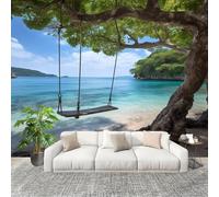 Générique 3D Papier Peint Panoramique 350x256cm Plage Bord De Mer Motif De BalançOire Tissus Non Tissés Murale Poster Bleu Murale pour Salon Adulte Chambre d'enfants Étude Décoration
