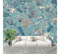 Générique 3D Papier Peint Panoramique 400x280cm RéTro OcéAn ThèMe Biologique Tissus Non Tissés Murale Poster Bleu Clair Murale pour Salon Adulte Chambre d'enfants Étude Décoration