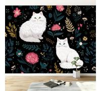 Générique 3D Papier peint panoramique animaux chat plante fleur, papier peint panoramique murale bohème pour salon chambre chambre d'enfant - Décoration murale photo 300L x 210H cm