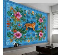 Générique 3D Papier Peint Panoramique Bleu Bohème Fleur Tigre, Papier Peint Panoramique Murale Rétro Traditionnel pour Salon Chambre Chambre d'Enfant - DéCoration Murale Photo 300L x 210H cm