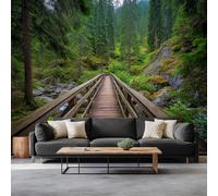 Générique 3D Papier peint panoramique forêt montagnes arbres pont en bois, papier peint panoramique murale paysage pour salon chambre chambre d'enfant - Décoration murale photo 500L x 280H cm