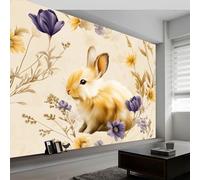 Générique 3D Papier peint panoramique plantes fleurs animaux lapins, papier peint panoramique murale style champêtre pour salon chambre chambre d'enfant - Décoration murale photo 400L x 280H cm