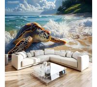 Générique 3D Papier Peint Plage Tortue Marine Panoramique intissé Murale Îles Animaux Papier Peint xxl Fresque Murale Moderne Peinture Murale Décorative pour Salon Chambre 300x210 11yf233