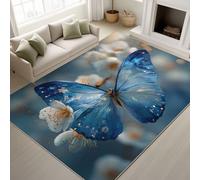 Générique 3D Papillon Fleurs Ailes Tapiss de Fleurs Ailes Doux Tapis Imprimé Tapis Lavable 80 x 120 cm, Tapis de Antidérapant pour Chambre Salle à Manger Bureau, Bleu