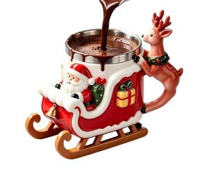 Générique 3D Santa Sleigh Christmas Mug, Stainless Steel Lined Coffee Cup | Stainless Steel Inner Liner, 3D Resin Santa And Sleigh Design, Festive Reindeer Handle Detail, Multi-Use Holiday
