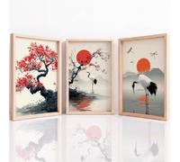 Générique 3Pcs Tableau Decoration Murale - Motif Éclatant & Impression HD - Chinoiserie Grue Du Japon Cerisier En Fleurs Soleil Tableau sur Toile pour Salon Chambre - 30 x 40 cm