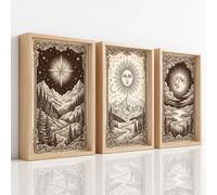 Générique 3Pcs Tableau Decoration Murale - Motif Éclatant & Impression HD - Vintage Gravure Sur Bois Mystérieux Carte De Tarot Lune Montagne Tableau sur Toile pour Salon Chambre - 30 x 40 cm