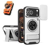 Générique 4-in-1 Protective Case with Camera Slider, Shockproof Slide Lens Case with Ring Holder, 360° Full Protection Magnetic Swivel Protective Cases for iPhone17/16/15 Series (Silver,17 ProMax)