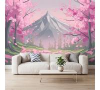 Générique 400 x 280 cm Papier Peint Panoramique Romance Venue Montagnes Plantes Cerisiers Fleurs 3D Mural Design, Photo Décoration Murale, Papiers Peints Intissé Décoration Murale Salon Chambr, Rose