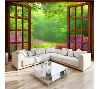 Générique 450 x 280 cmPapier Peint imprimée 3D Fenêtres Paysage Fleurs Forêt Tapisserie murale Panoramique Intissé Moderne, Décoration Murale, Écologique, Pour Salon Chambre, Vert
