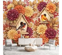 Générique 450 x 315 cm Papier Peint Intissé Automne Rustique pour Cuisines Chambre, Geant Mural Papier Peint Photo Panoramique Floral Oiseaux pour Salon Chambre à Coucher Bureau