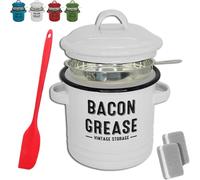Générique 46 Oz Bacon Grease Container with Strainer and Food-Grade Silicone Spatula, Kitchen Enamel Oil Can with Filter and Scraper Holder - for Cooking, Frying, Baking, Fat Storage Jar (White)