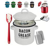 Générique 46 Oz Bacon Grease Container with Strainer and Food, Kitchen Enamel Oil Can for Cooking Frying, Baking, Fat Storage Jar, Keeper, Recipes, Dishwasher Safe (White)