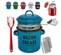 Générique 46 Oz Bacon Grease Container with Strainer and Food, Kitchen Enamel Oil Can for Cooking Frying, Baking, Fat Storage Jar, Keeper, Recipes, Dishwasher Safe (Blue)