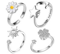 Générique 4pcs Women’s Rotating Spinner Rings, Adjustable Copper Rings Inlaid With Zircon, Daisy, Sun, Moon, And Four-Leaf Clover Designs, Stress-Relief Fidget Jewelry, Ring Size 16#, Width 1.14cm