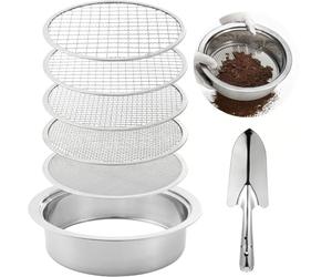 Générique 5 en 1 Tamis Jardinage Tamis Sable en Acier Inoxydable Ø 1, 3, 6, 9, 12 mm Tamis de Terre avec, Pierres, Compost, Mauvaises Herbes, Sable, Gravier, Graines,1 Pelle à Main pour Terre