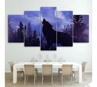 Générique 5 Pcs Cadre en bois Impression Lone Wolf hurlant en pleine lune Image sur Toile Affiche Peinture Tableau Decoration Murale Salon Chambre Maison