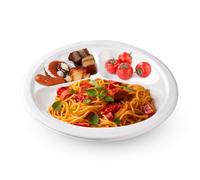 Générique 500 Assiettes Rondes en Fibre de Canne (Bagasse) Vaisselle Jetable Écologique, Biodégradable et Compostable - Résistant et Micro-ondable (26 cm 3 compartiments)