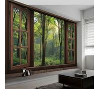 Générique 500 x 280 cm papier peint chambre enfant Vert, Architecture Fenêtres Forêt Plantes Murale XXL Poster Tableaux Muraux Tapisserie Photo Trompe l'oeil pour chambre salon cuisine