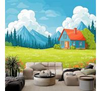 Générique 500 x 280 cm Papier Peint Panoramique Pour Garçons filles, Maison De La Forêt De Dessin Animé Prairie Poster Géant Mural 3D, Décoration Murale Premium Pour Salon, Chambre D'Enfants Bleu