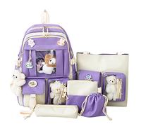 Générique 5PC école commence saison mode femmes fille étudiant sac d'école toile dessin animé pendentif sac à dos sac à main sac à bandoulière sac stylo poche à cordon (Purple, One Size)