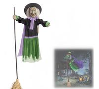 Générique 6 FT Halloween Flying Witch Decor - Outdoor Animated Decor with Light-Up Eyes & Scary Sound, Voice-Activated Floating Witch on Broom for Yard, Garden & Indoor Haunted House (Green)