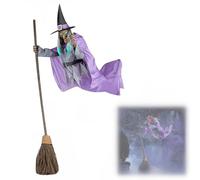 Générique 6 FT Halloween Flying Witch Decor - Outdoor Animated Decor with Light-Up Eyes & Scary Sound, Voice-Activated Floating Witch on Broom for Yard, Garden & Indoor Haunted House (Purple)
