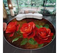 Générique 60 cm Tapis Rond Romantique Vibrant Fleur Rose Feuille Verte Tapis Salon avec Envers Antidérapant Et Lavable pour Chambre, Cuisine, Chambre d'enfant, Sombre Poil Ras Tapis De Marche