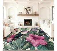 Générique 60 x 120 cm Tapis À Poils Courts Lavable, Beige Classique Rétro Animaux Toucan Tropical Floral Tapis Salon, Doux Antidérapant Tapis pour Entrée Intérieur, Chambre, Cuisine, Chambre d'enfant