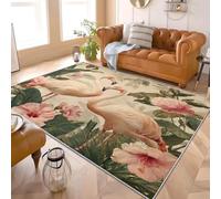 Générique 60x90 cm Tapis Moquette de Chambre à Poils Ras Plantes Fleurs Flamants Roses Moelleux Moderne Tapis Lavable, Antidérapant Vert pour Salon Manger Chambre d'enfants