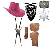 Générique 7 Pièces Cowboy Costume Accessoires Set, Marron Cowboy Fancy Dress Kit avec Chapeau Bandana Insigne Ceinture Collier Vintage pour Adulte Hippie Carnaval Cosplay
