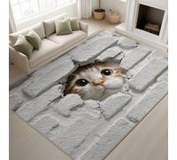 Générique 80 x 150 cm Tapis Bleu Imprimé Hyperréaliste 3D Tapiss Chat Mur de Briques Blanc Trou Animal Amusant & Tapis antidérapant Magique intégré pour Chambre Salon
