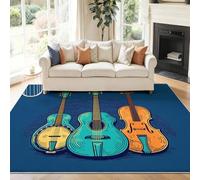 Générique 90 x 150 cm Tapis À Poils Courts Lavable, Bleu Moderne Dessin Animé Guitare Violon Tapis Salon, Doux Antidérapant Tapis pour Entrée Intérieur, Chambre, Cuisine, Chambre d'enfant