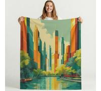 Générique Abstrait Cyan Couverture Moelleuse Microfibre Chaud Moderne Ville Paysage Couverture Antistatique Lavable en Machine pour Familles Couples Enfants 150cm x 150cm