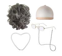 Générique Accessoire Deguisement Perruque Grand Mère Courte pour École Cent Jours Spectacle Adulte Enfant avec Lunettes Et Collier Deguisement Enfant T662