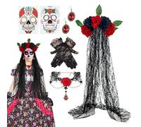 Générique Accessoires Déguisement Fête Des Morts,Set Collier Et Coiffe Fête Des Morts | Gants Dentelle Voile Boucles Doreille Collier Pour Cosplay Soirée Déguisée Femme Adulte Halloween Festif